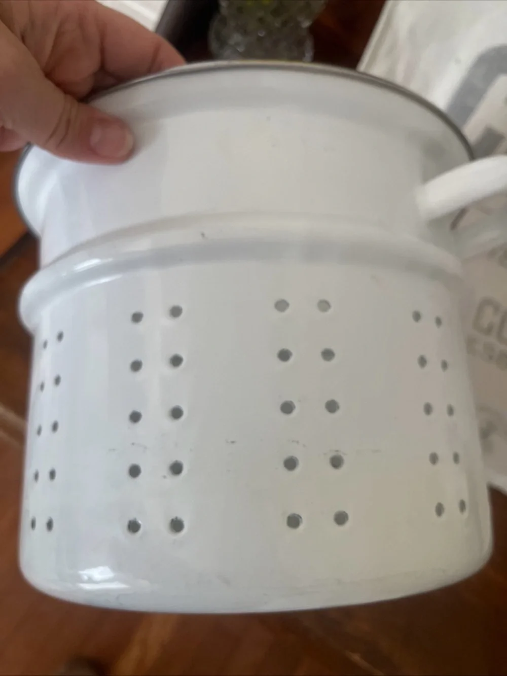 White Enamel Strainer/Colander Insert For Stock Pot With Handles Kitchen Decor